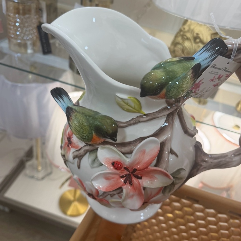 Hand-Painted Ceramic Pitcher with Birds & Floral Accents — Green & Coral